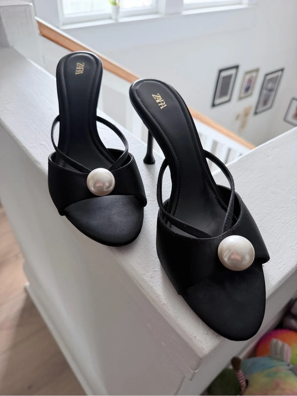 NWOT Zara Satin Black Pearl-Accent Mule Heels